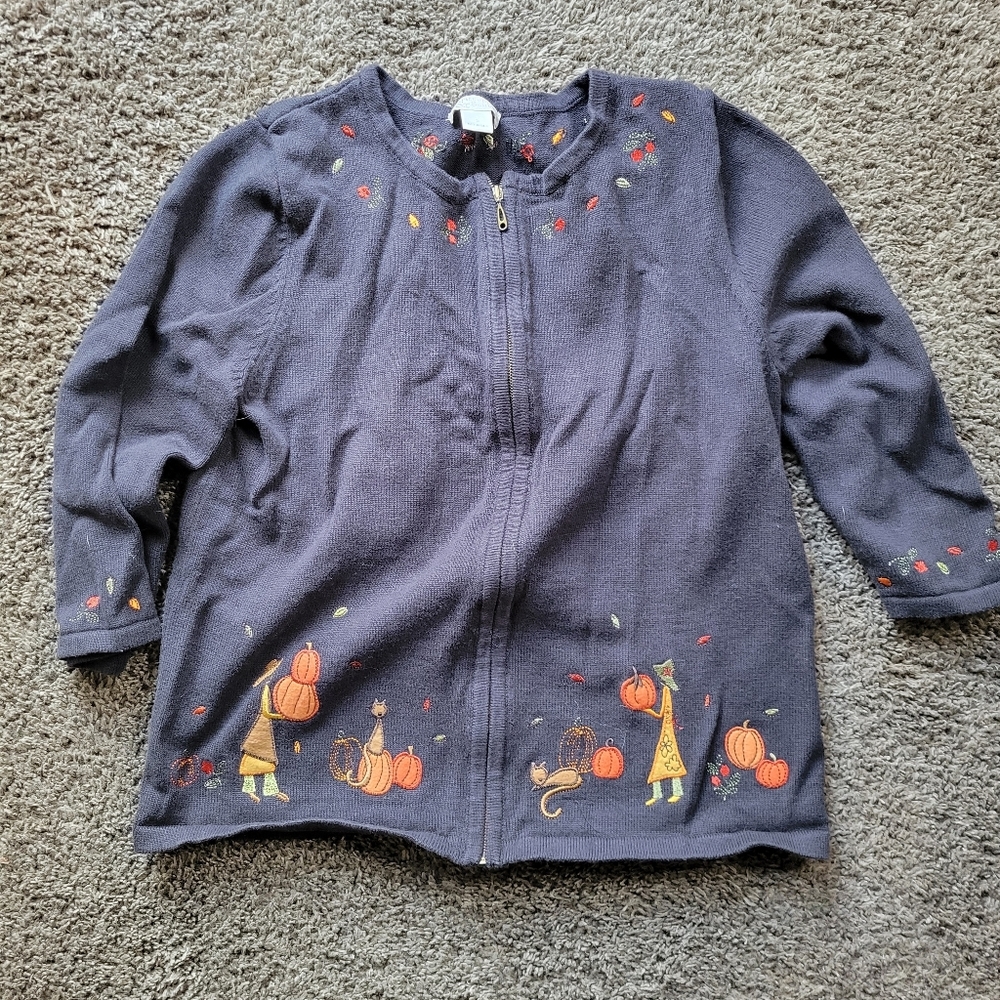 Christopher & Banks Halloween Cat Leaves Witch Pumpkins Cardigan Sweater Small